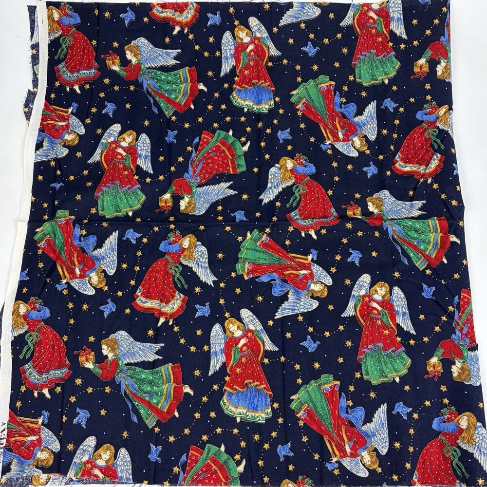 Cranston Print Works ANGELS Cotton Fabric Remnant Christmas Holiday 34x19” Navy